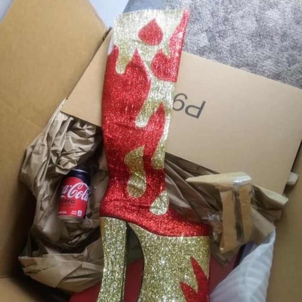 Pleaser red gold glitter platform thigh high boot